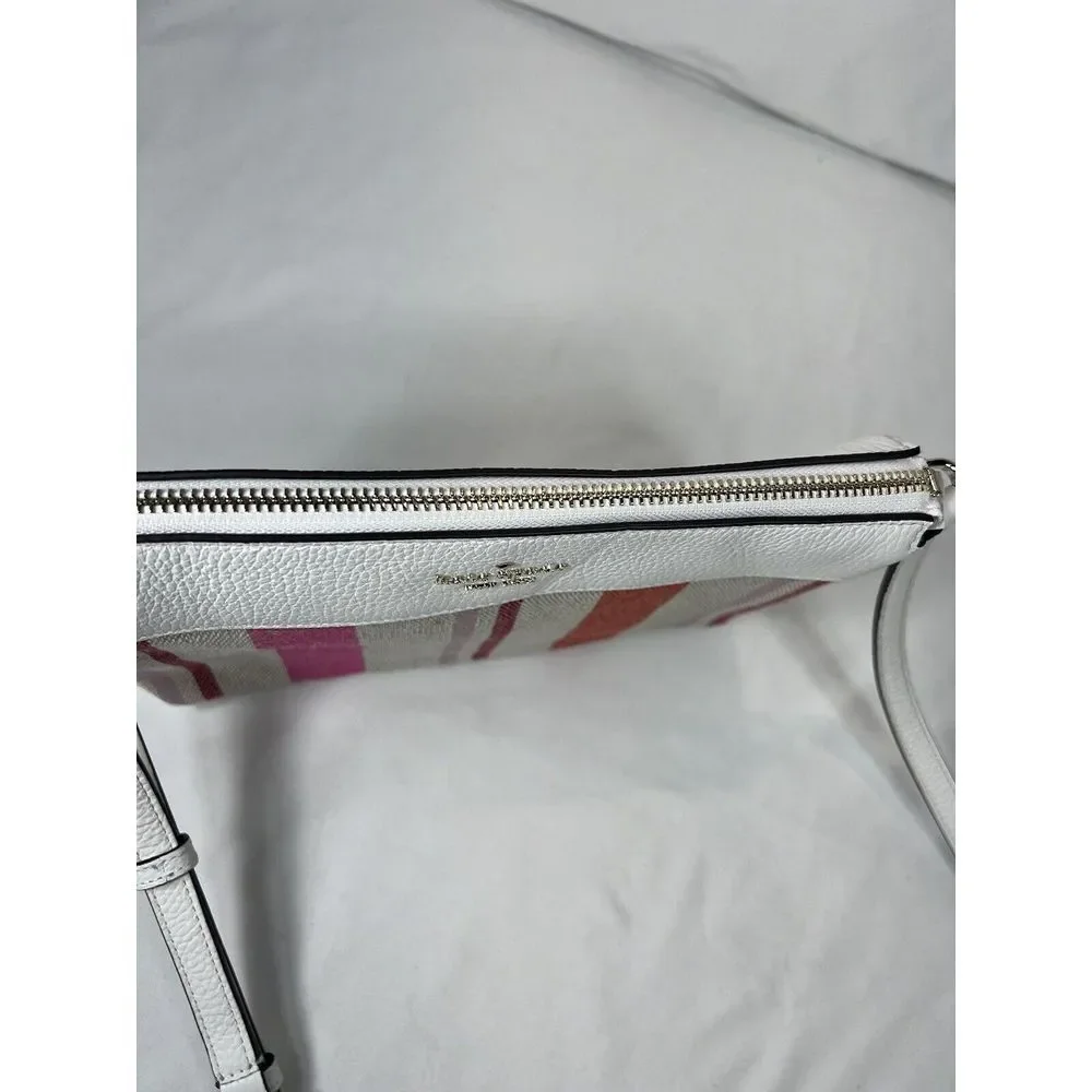 Kate Spade Leila Triple‎ Gusset Canvas Leather Crossbody Pink White Stripe SMALL